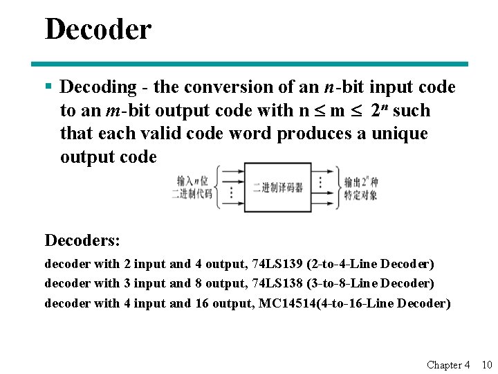 Decoder § Decoding - the conversion of an n-bit input code to an m-bit