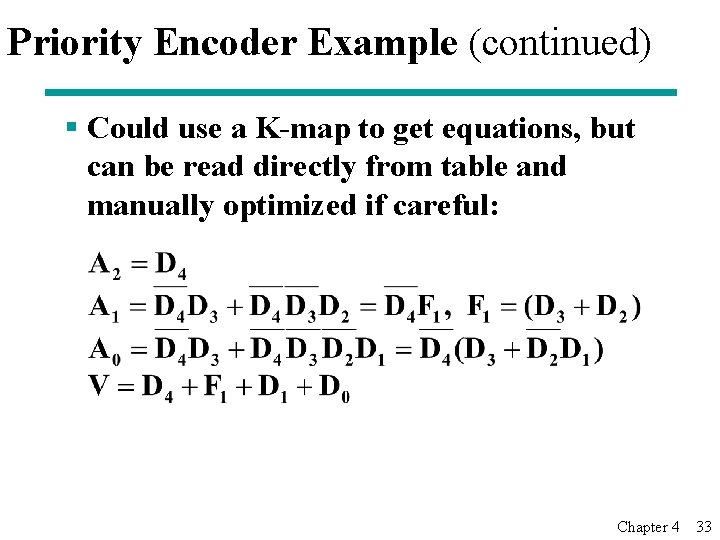 Priority Encoder Example (continued) § Could use a K-map to get equations, but can