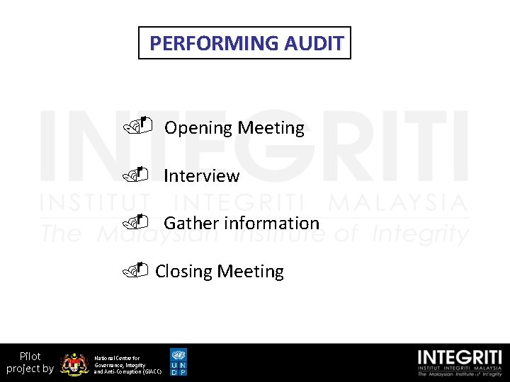 PERFORMING AUDIT . Opening Meeting. Interview . Gather information. Closing Meeting Pilot project by