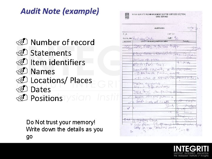 Audit Note (example) . Number of record. Statements . Item identifiers. Names . Locations/