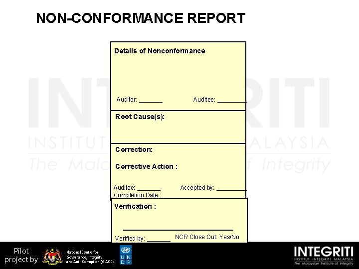NON-CONFORMANCE REPORT Details of Nonconformance Auditor: _______ Auditee: _____ Root Cause(s): Correction: Corrective Action