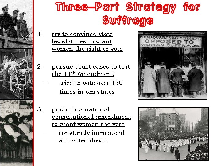 Three-Part Strategy for Suffrage 1. try to convince state legislatures to grant women the