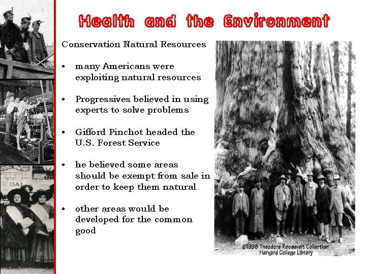 Health and the Environment Conservation Natural Resources • many Americans were exploiting natural resources