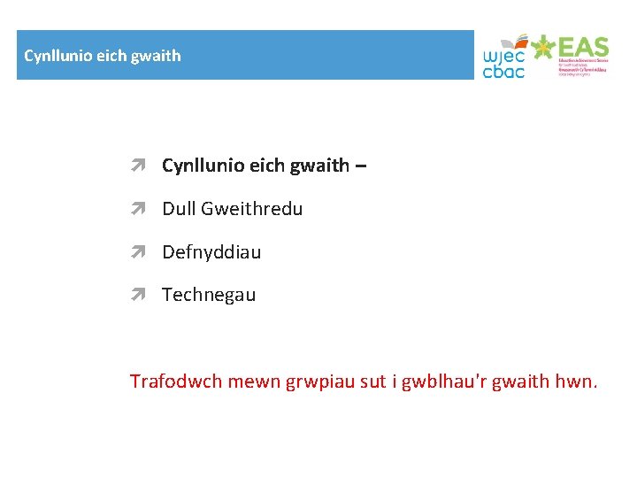 Cynllunio eich gwaith – Dull Gweithredu Defnyddiau Technegau Trafodwch mewn grwpiau sut i gwblhau'r