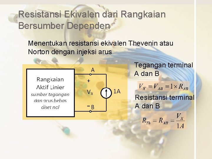 Resistansi Ekivalen dari Rangkaian Bersumber Dependen Menentukan resistansi ekivalen Thevenin atau Norton dengan injeksi