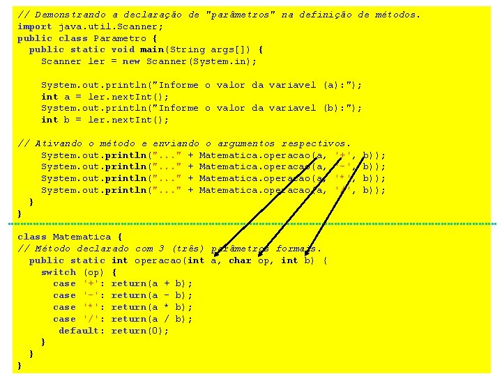 // Demonstrando a declaração de "parâmetros" na definição de métodos. import java. util. Scanner;