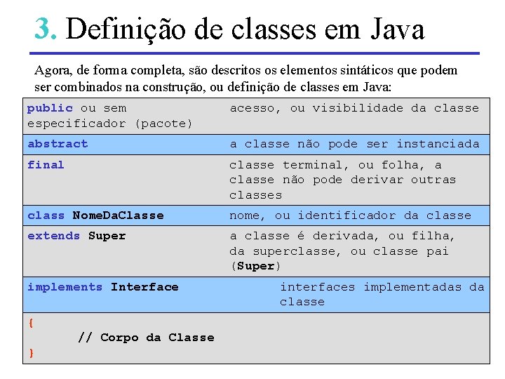 3. Definição de classes em Java Agora, de forma completa, são descritos os elementos