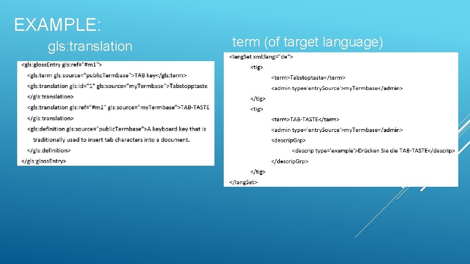 EXAMPLE: gls: translation term (of target language) 