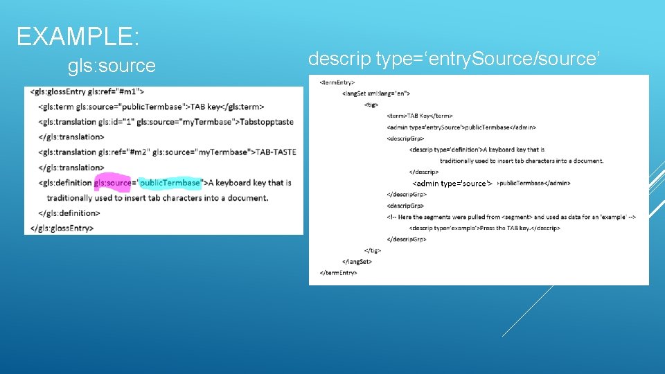 EXAMPLE: gls: source descrip type=‘entry. Source/source’ 