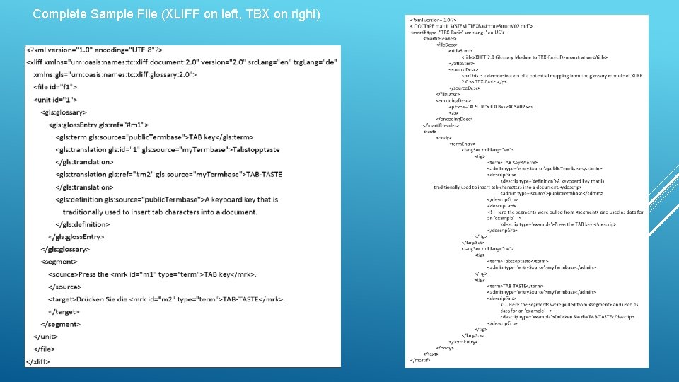Complete Sample File (XLIFF on left, TBX on right) 