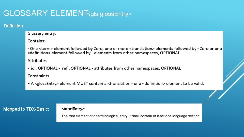 GLOSSARY ELEMENT: <gls: gloss. Entry> Definition: Mapped to TBX-Basic: 