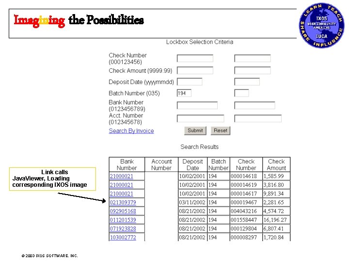 Imagining the Possibilities Link calls Java. Viewer, Loading corresponding IXOS image © 2003 IXOS