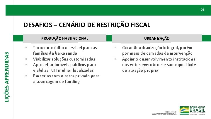 21 DESAFIOS – CENÁRIO DE RESTRIÇÃO FISCAL PRODUÇÃO HABITACIONAL LIÇÕES APRENDIDAS § § Tornar