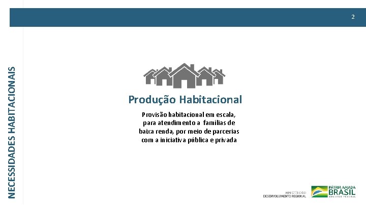 NECESSIDADES HABITACIONAIS 2 Produção Habitacional Provisão habitacional em escala, para atendimento a famílias de