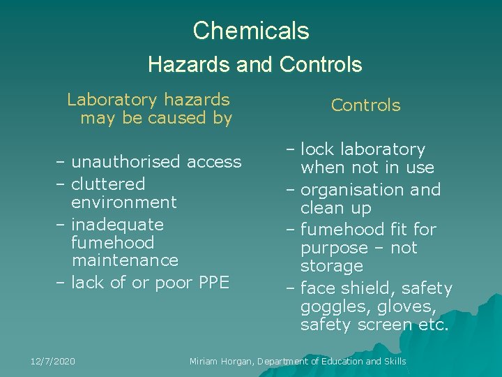 Chemicals Hazards and Controls Laboratory hazards may be caused by – unauthorised access –