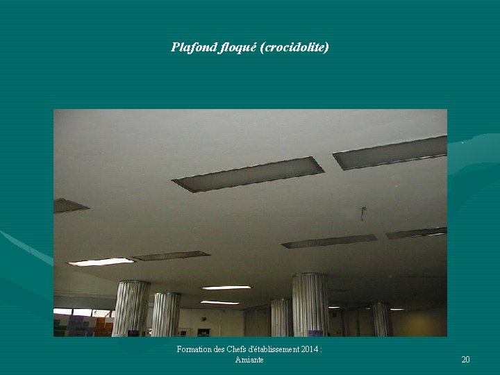 Plafond floqué (crocidolite) Formation des Chefs d'établissement 2014 : Amiante 20 