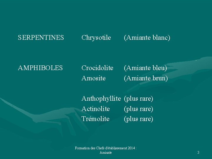 SERPENTINES Chrysotile (Amiante blanc) AMPHIBOLES Crocidolite Amosite (Amiante bleu) (Amiante brun) Anthophyllite Actinolite Trémolite