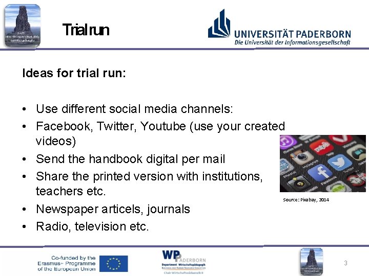 Trialrun Ideas for trial run: • Use different social media channels: • Facebook, Twitter,