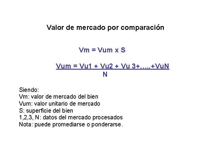 Valor de mercado por comparación Vm = Vum x S Vum = Vu 1