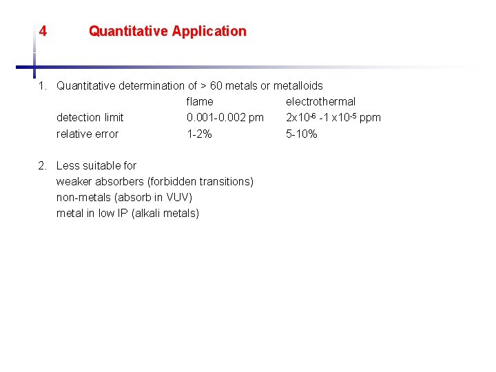 4 Quantitative Application 1. Quantitative determination of > 60 metals or metalloids flame electrothermal