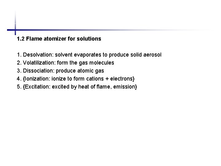 1. 2 Flame atomizer for solutions 1. Desolvation: solvent evaporates to produce solid aerosol