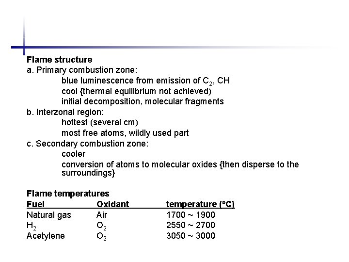 Flame structure a. Primary combustion zone: blue luminescence from emission of C 2, CH