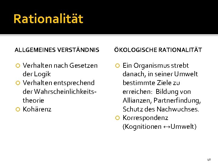 Rationalität ALLGEMEINES VERSTÄNDNIS ÖKOLOGISCHE RATIONALITÄT Verhalten nach Gesetzen der Logik Verhalten entsprechend der Wahrscheinlichkeitstheorie