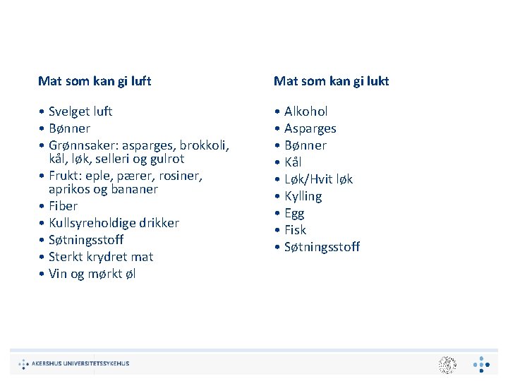 Mat som kan gi luft Mat som kan gi lukt • Svelget luft •