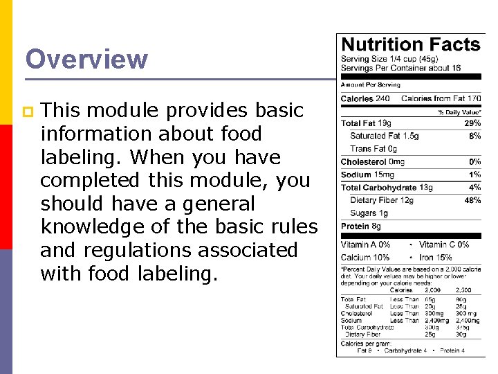 Overview p This module provides basic information about food labeling. When you have completed