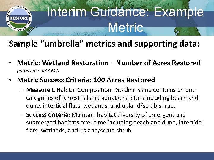 Interim Guidance: Example Metric Sample “umbrella” metrics and supporting data: • Metric: Wetland Restoration
