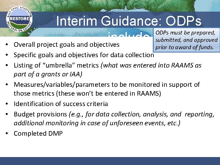 Interim Guidance: ODPs must be prepared, submitted, and approved include Overall project goals and