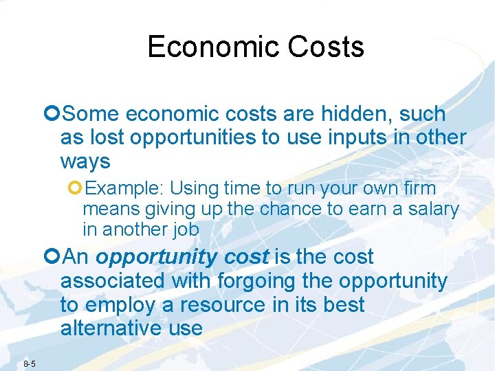 Economic Costs ¢Some economic costs are hidden, such as lost opportunities to use inputs