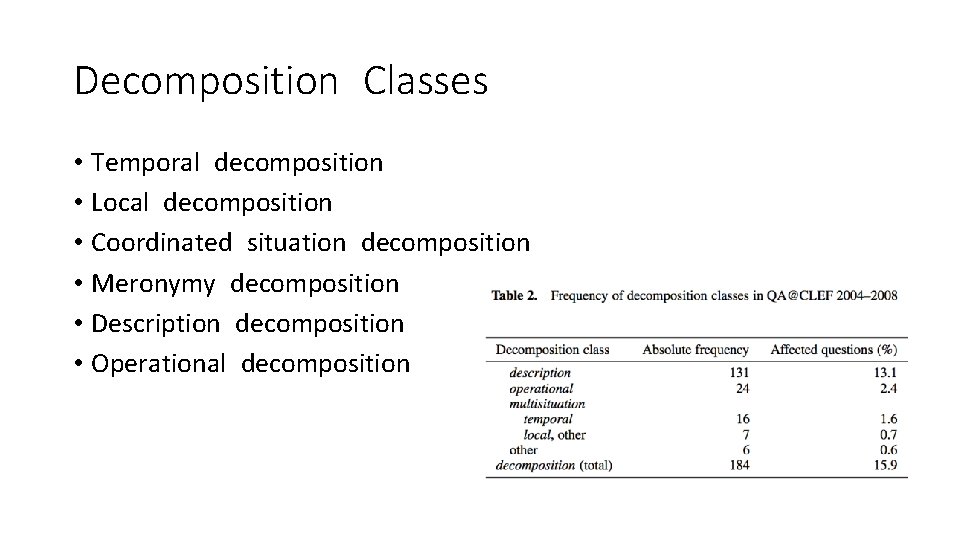 Decomposition Classes • Temporal decomposition • Local decomposition • Coordinated situation decomposition • Meronymy