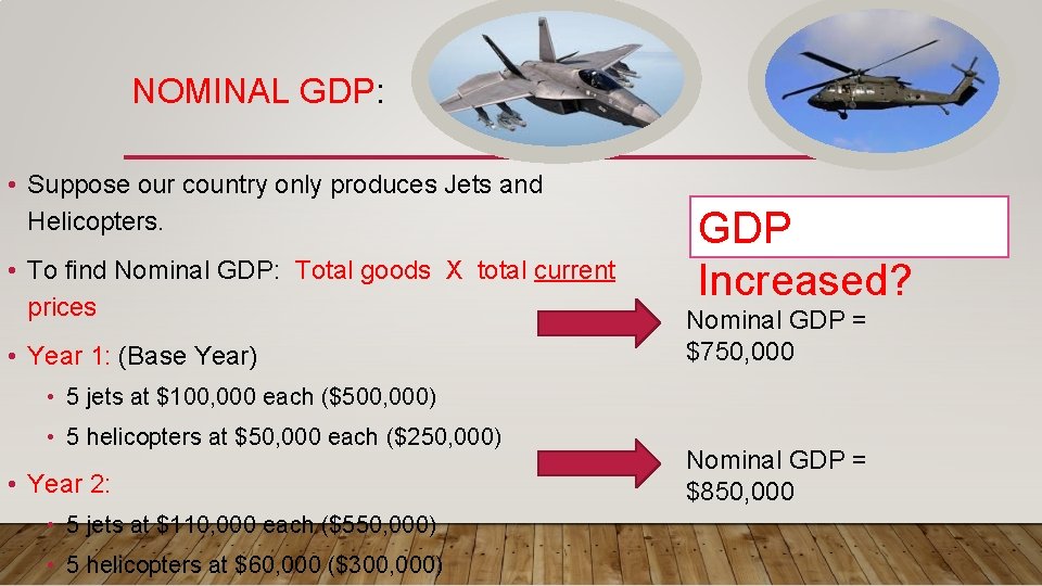 NOMINAL GDP: • Suppose our country only produces Jets and Helicopters. • To find NOMINAL GDP: • Suppose our country only produces Jets and Helicopters. • To find