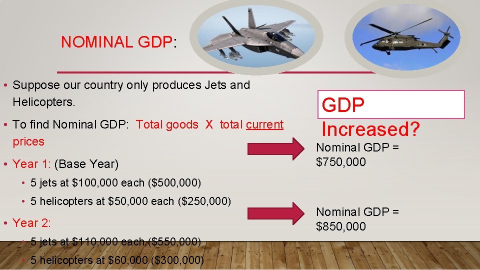 NOMINAL GDP: • Suppose our country only produces Jets and Helicopters. • To find