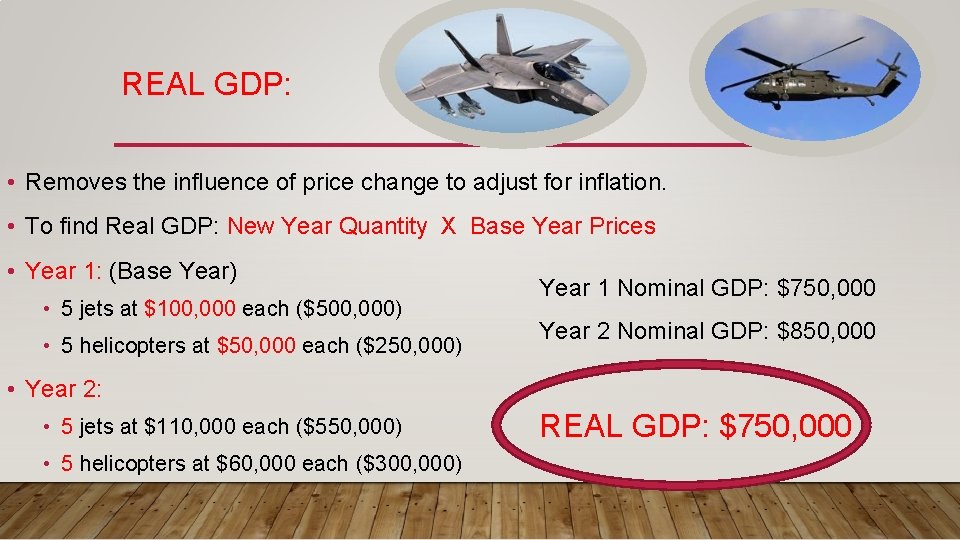 REAL GDP: • Removes the influence of price change to adjust for inflation. •