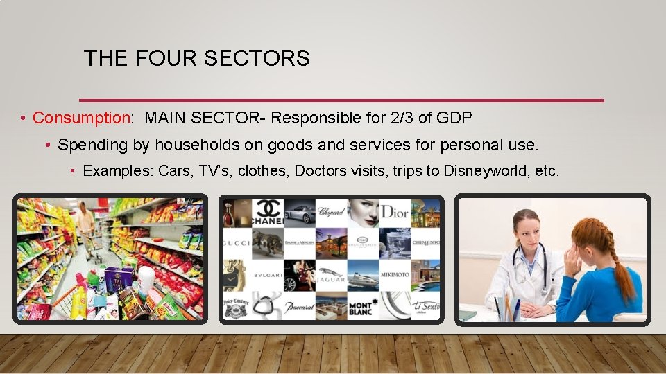 THE FOUR SECTORS • Consumption: MAIN SECTOR- Responsible for 2/3 of GDP • Spending