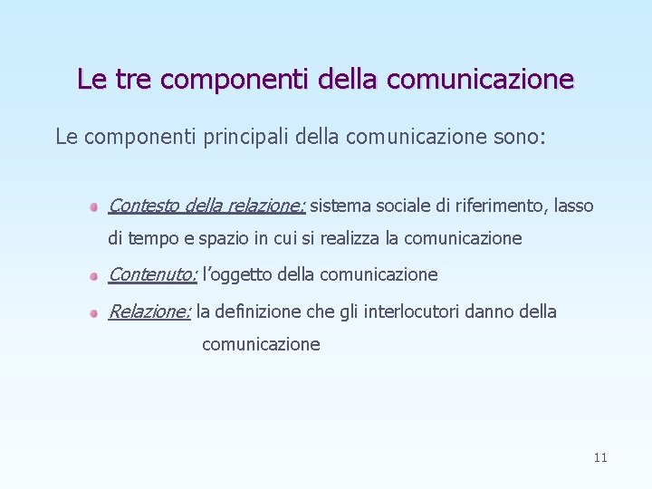 Le tre componenti della comunicazione Le componenti principali della comunicazione sono: Contesto della relazione:
