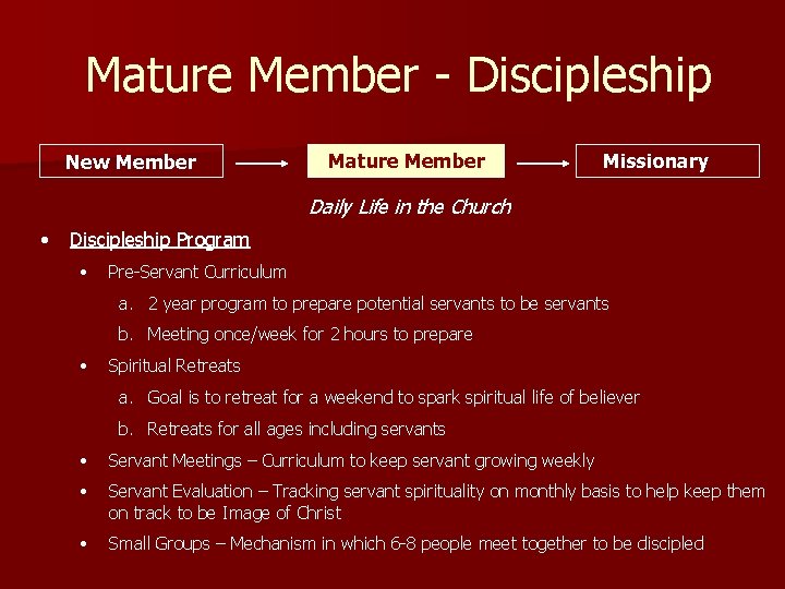 Mature Member - Discipleship New Member Mature Member Missionary Daily Life in the Church
