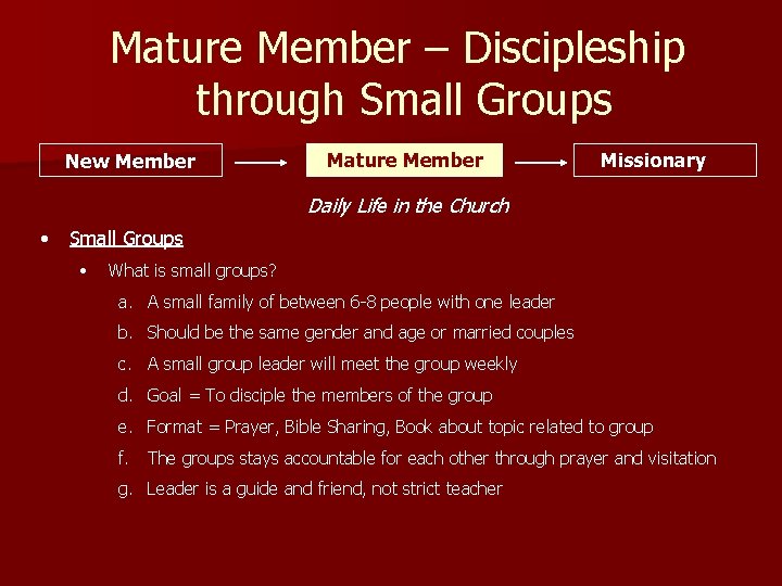 Mature Member – Discipleship through Small Groups New Member Mature Member Missionary Daily Life