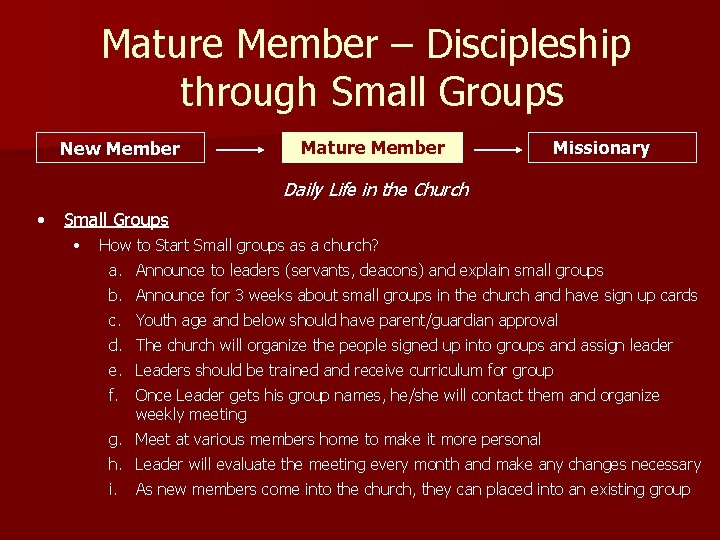 Mature Member – Discipleship through Small Groups New Member Mature Member Missionary Daily Life