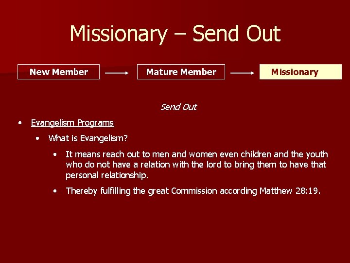 Missionary – Send Out New Member Mature Member Missionary Send Out • Evangelism Programs