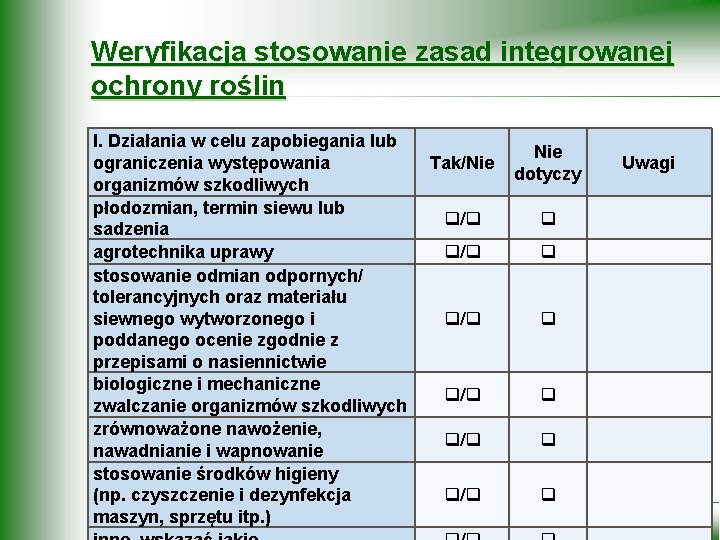 Weryfikacja stosowanie zasad integrowanej ochrony roślin I. Działania w celu zapobiegania lub ograniczenia występowania