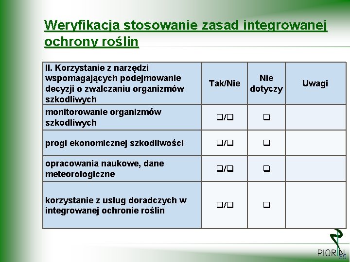 Weryfikacja stosowanie zasad integrowanej ochrony roślin II. Korzystanie z narzędzi wspomagających podejmowanie decyzji o