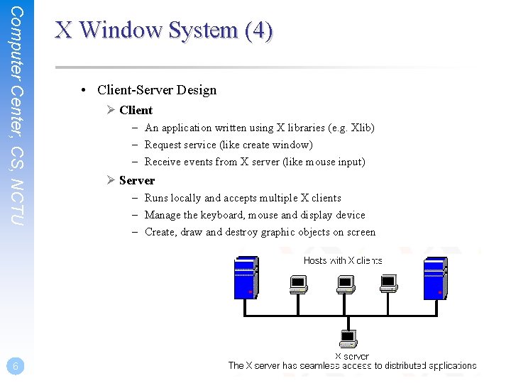 Computer Center, CS, NCTU 6 X Window System (4) • Client-Server Design Ø Client