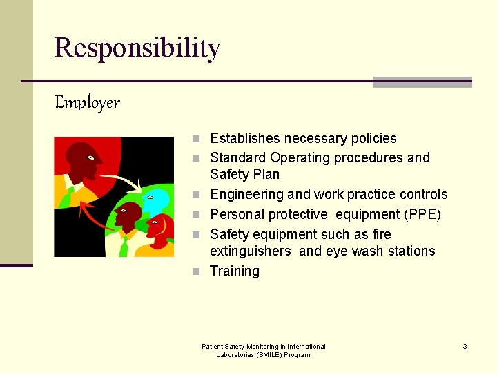 Responsibility Employer n Establishes necessary policies n Standard Operating procedures and n n Safety