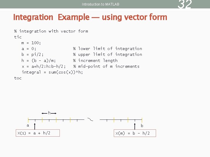 Introduction to MATLAB Integration Example — using vector form % integration with vector form