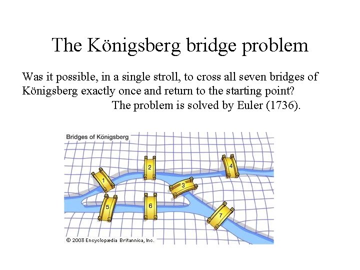 The Königsberg bridge problem Was it possible, in a single stroll, to cross all