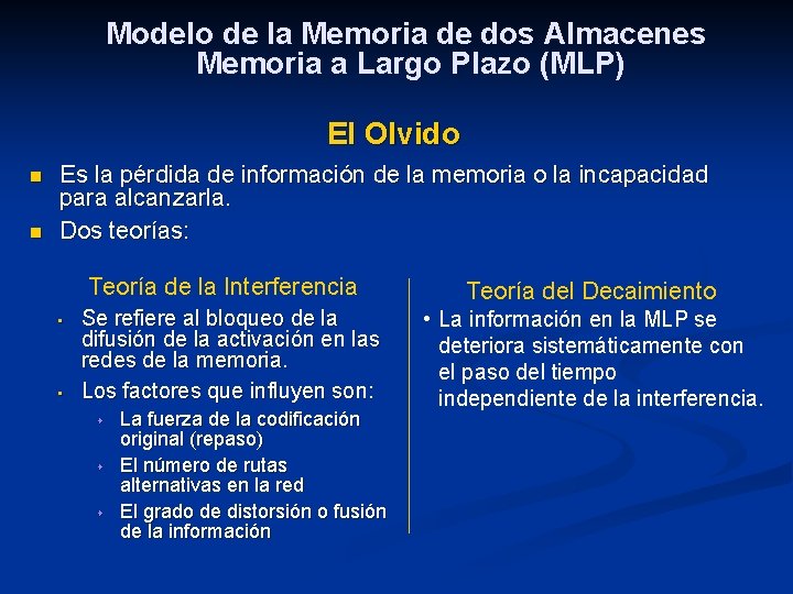Modelo de la Memoria de dos Almacenes Memoria a Largo Plazo (MLP) El Olvido