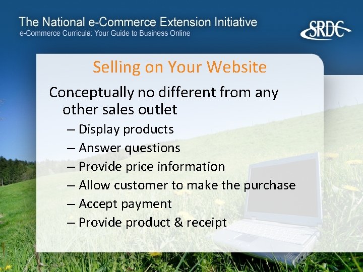 Selling on Your Website Conceptually no different from any other sales outlet – Display